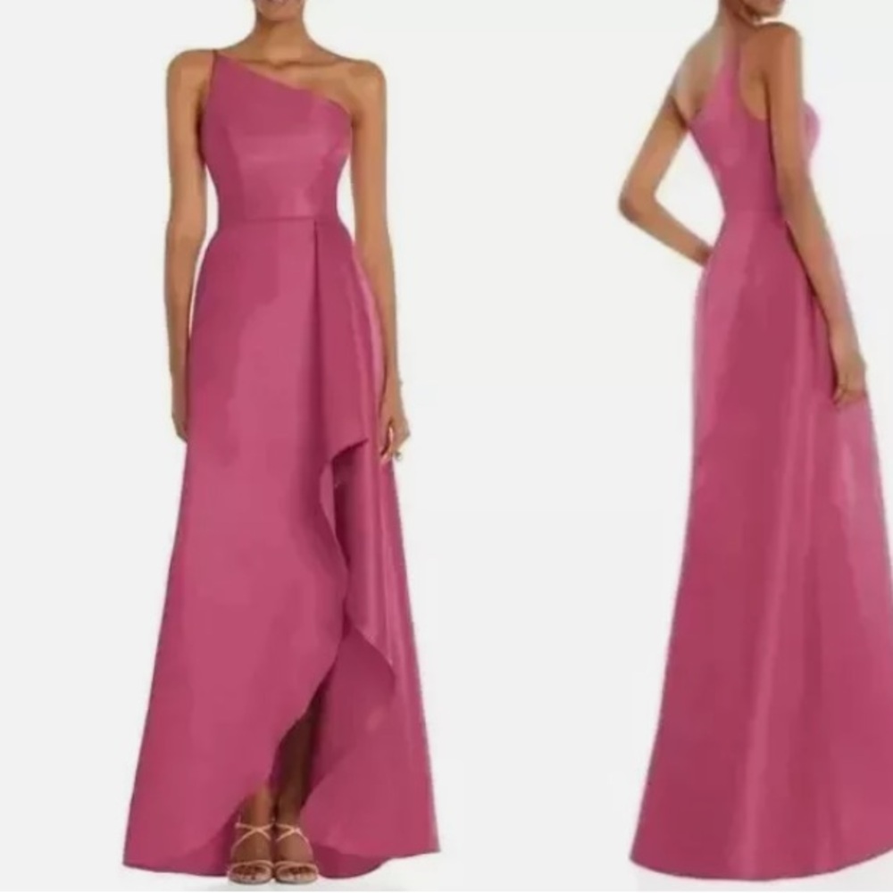 Alfred Sung Tea Rose Pink One Shoulder Satin Ruffle Draped High Low Gown